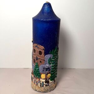 Handcrafted Winter Village Church Tower Pillar Candle Blue 80's‎ Vtg Christmas